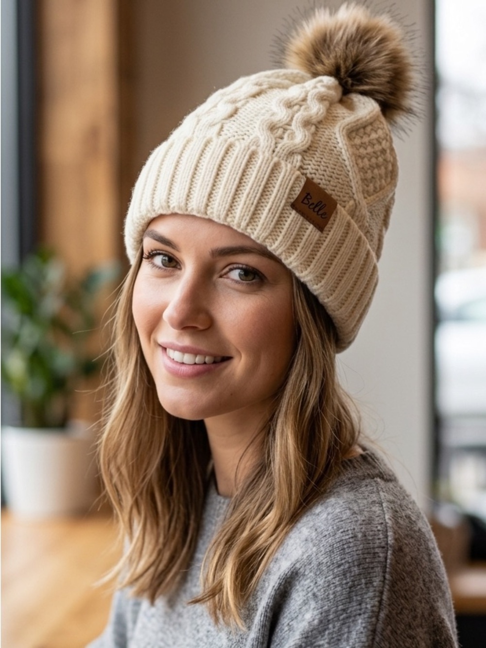 NWT Belle Chucky Cable Knit Beanie Hat Cream Brown Pom Pom Winter One Size